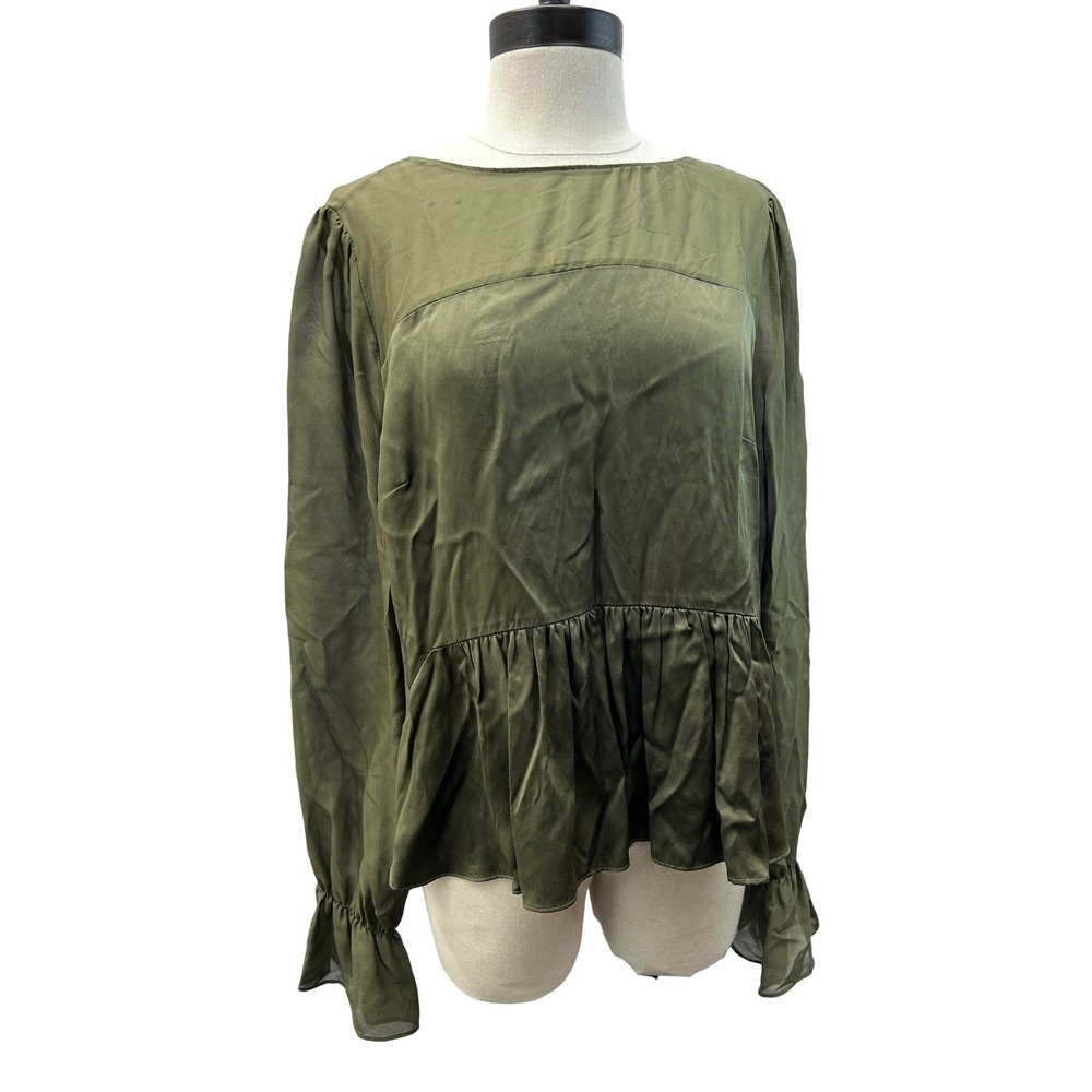 Intuix Silk Peplum Blouse Womens Large Olive‎ Green Fair Open Back Tie Ruffle
